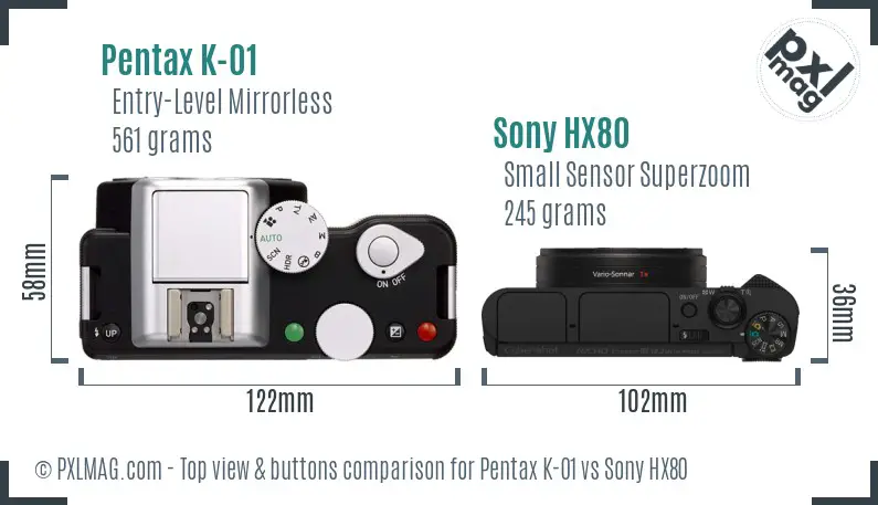 Pentax K-01 vs Sony HX80 top view buttons comparison