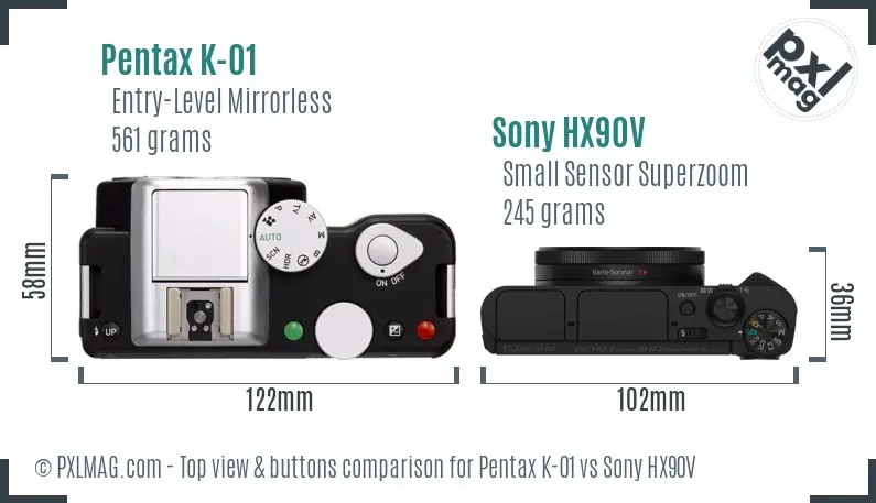 Pentax K-01 vs Sony HX90V top view buttons comparison