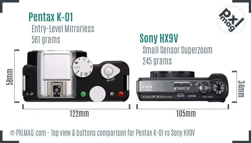 Pentax K-01 vs Sony HX9V top view buttons comparison