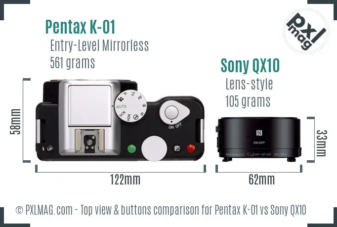 Pentax K-01 vs Sony QX10 top view buttons comparison Pentax K-01 vs Sony QX10 top view buttons comparison
