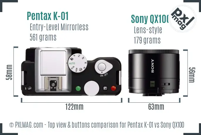 Pentax K-01 vs Sony QX100 top view buttons comparison Pentax K-01 vs Sony QX100 top view buttons comparison