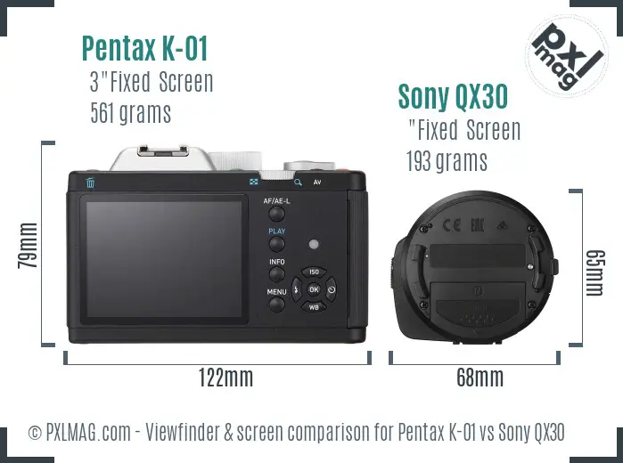 Pentax K-01 vs Sony QX30 Screen and Viewfinder comparison