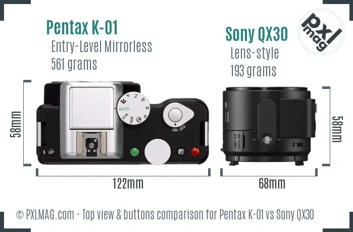 Pentax K-01 vs Sony QX30 top view buttons comparison