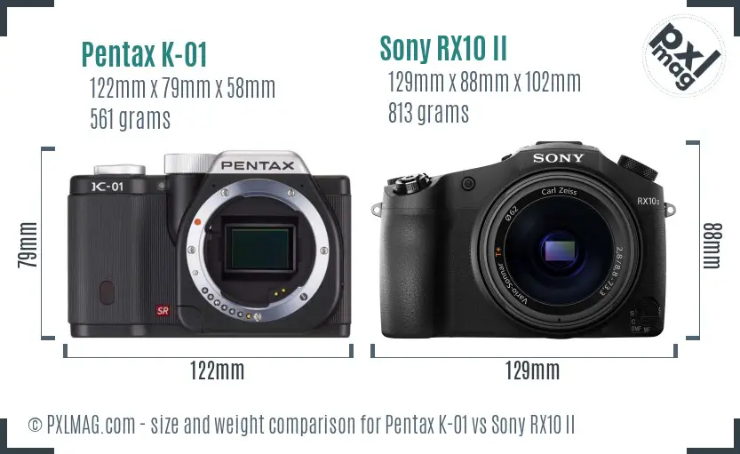 Pentax K-01 vs Sony RX10 II size comparison