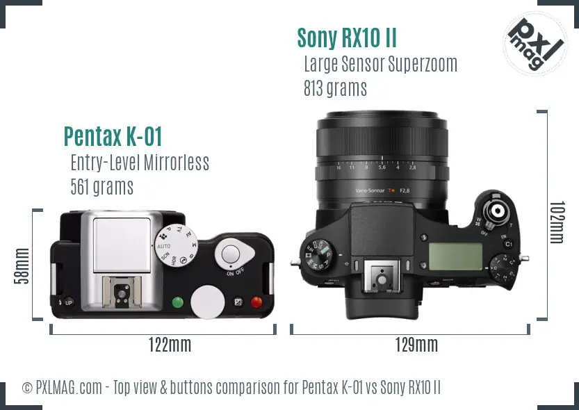 Pentax K-01 vs Sony RX10 II top view buttons comparison