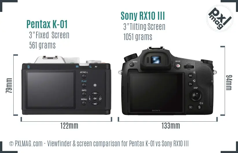Pentax K-01 vs Sony RX10 III Screen and Viewfinder comparison Pentax K-01 vs Sony RX10 III Screen and Viewfinder comparison