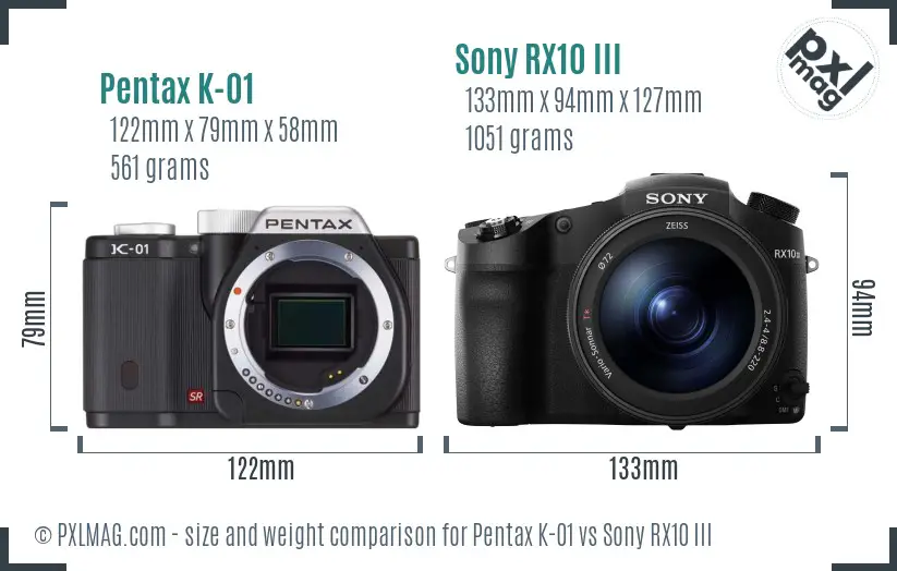 Pentax K-01 vs Sony RX10 III size comparison Pentax K-01 vs Sony RX10 III size comparison