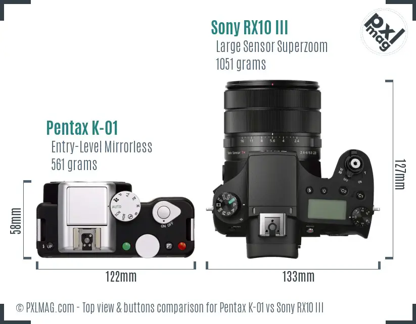 Pentax K-01 vs Sony RX10 III top view buttons comparison Pentax K-01 vs Sony RX10 III top view buttons comparison