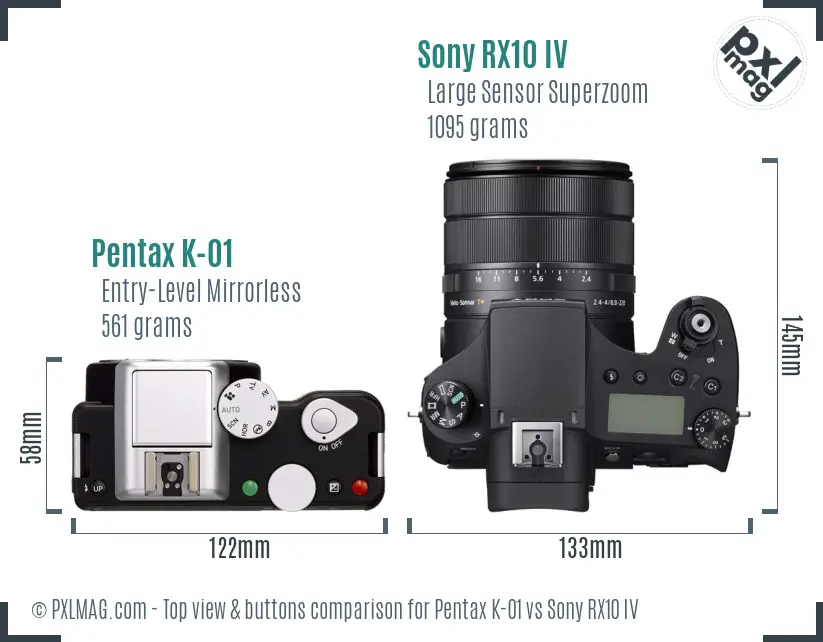 Pentax K-01 vs Sony RX10 IV top view buttons comparison