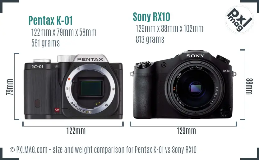 Pentax K-01 vs Sony RX10 size comparison