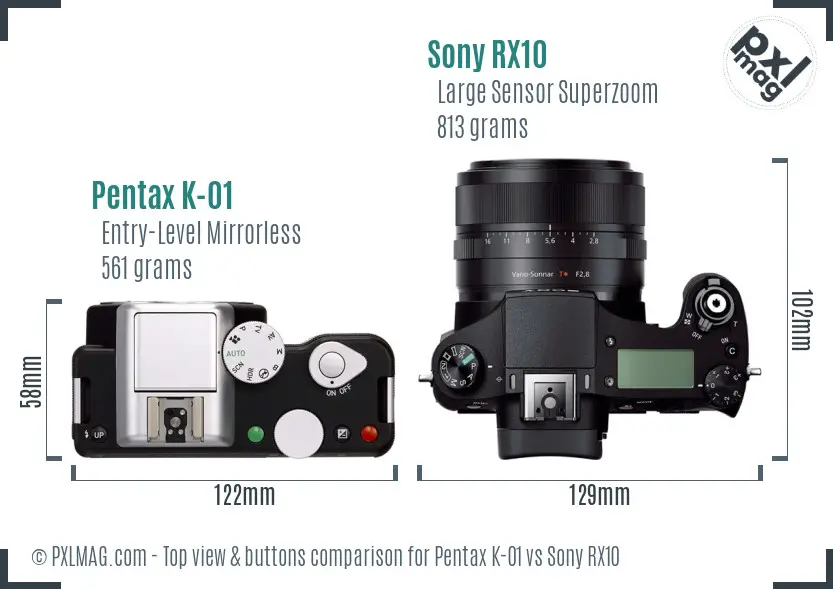 Pentax K-01 vs Sony RX10 top view buttons comparison