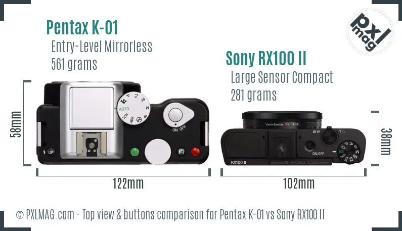 Pentax K-01 vs Sony RX100 II top view buttons comparison