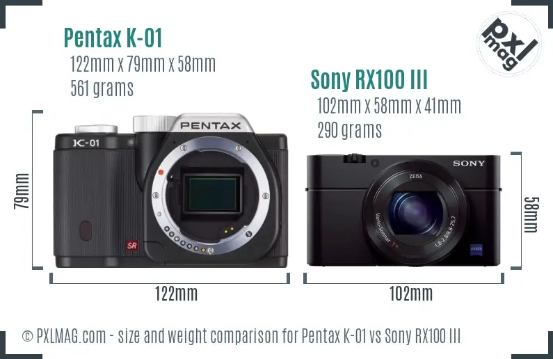 Pentax K-01 vs Sony RX100 III size comparison