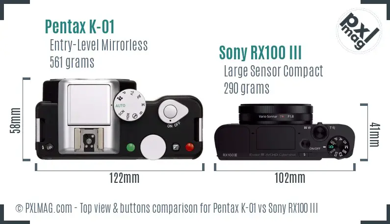 Pentax K-01 vs Sony RX100 III top view buttons comparison