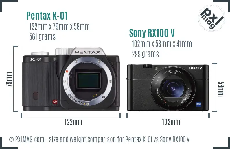 Pentax K-01 vs Sony RX100 V size comparison