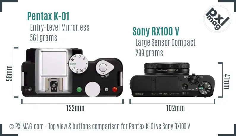 Pentax K-01 vs Sony RX100 V top view buttons comparison