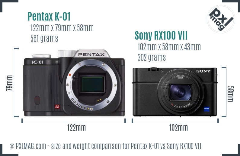 Pentax K-01 vs Sony RX100 VII size comparison