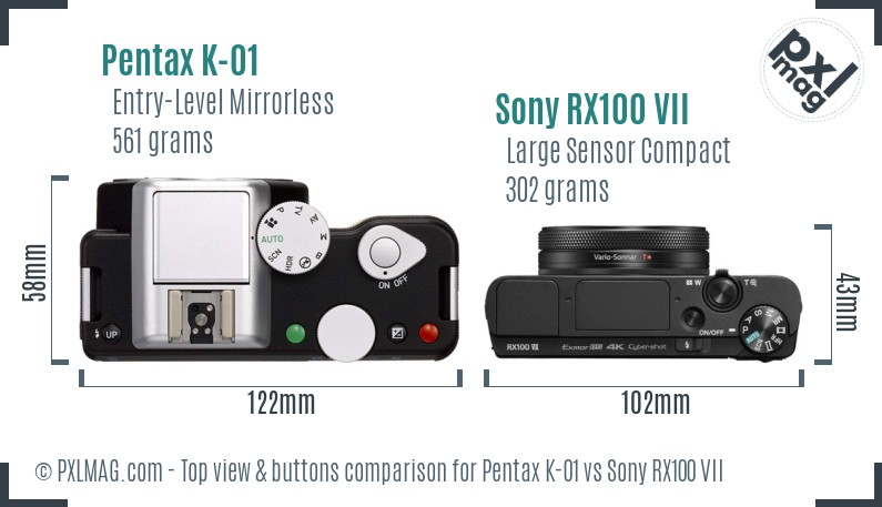 Pentax K-01 vs Sony RX100 VII top view buttons comparison