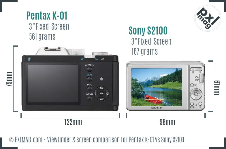 Pentax K-01 vs Sony S2100 Screen and Viewfinder comparison