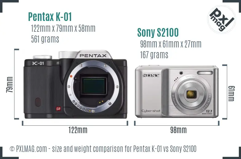Pentax K-01 vs Sony S2100 size comparison