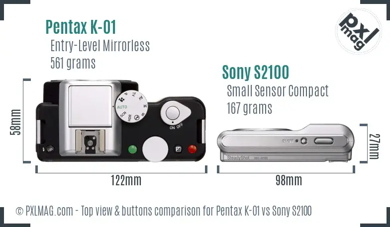 Pentax K-01 vs Sony S2100 top view buttons comparison
