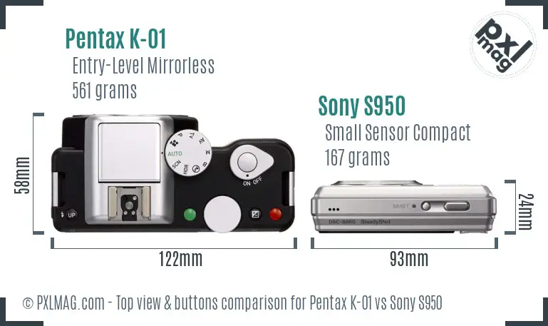 Pentax K-01 vs Sony S950 top view buttons comparison Pentax K-01 vs Sony S950 top view buttons comparison