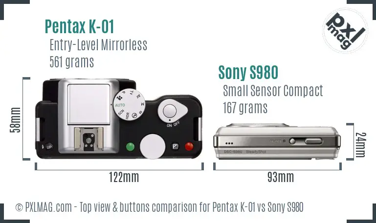 Pentax K-01 vs Sony S980 top view buttons comparison