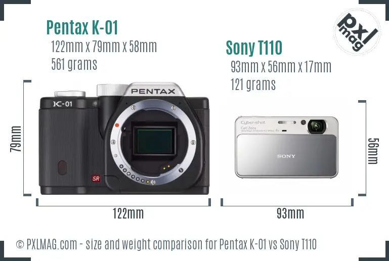Pentax K-01 vs Sony T110 size comparison