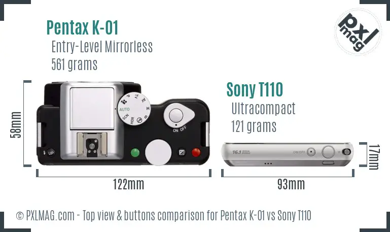 Pentax K-01 vs Sony T110 top view buttons comparison