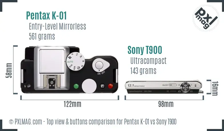 Pentax K-01 vs Sony T900 top view buttons comparison Pentax K-01 vs Sony T900 top view buttons comparison