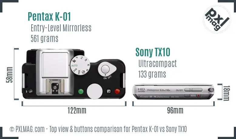 Pentax K-01 vs Sony TX10 top view buttons comparison