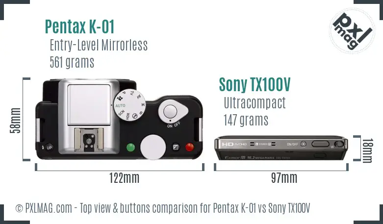 Pentax K-01 vs Sony TX100V top view buttons comparison