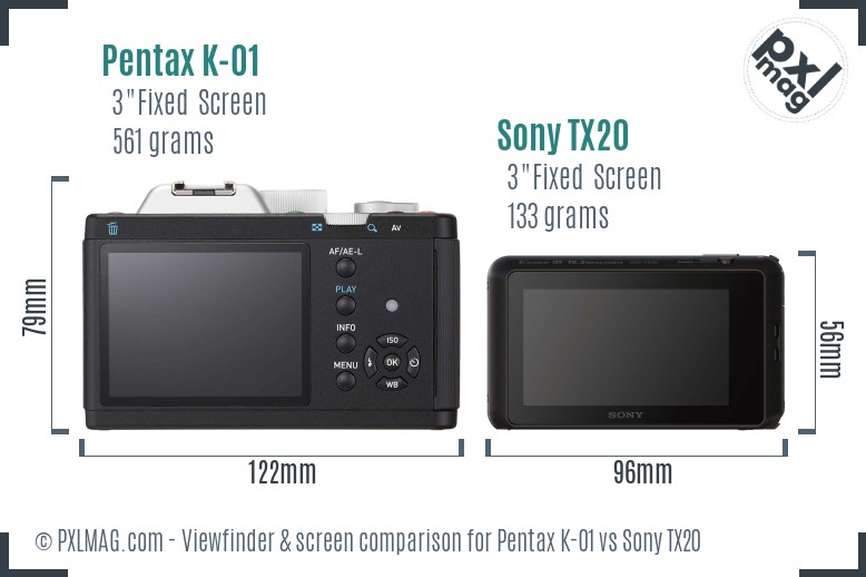 Pentax K-01 vs Sony TX20 Screen and Viewfinder comparison