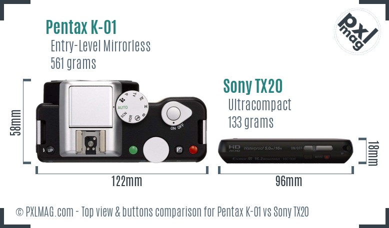 Pentax K-01 vs Sony TX20 top view buttons comparison