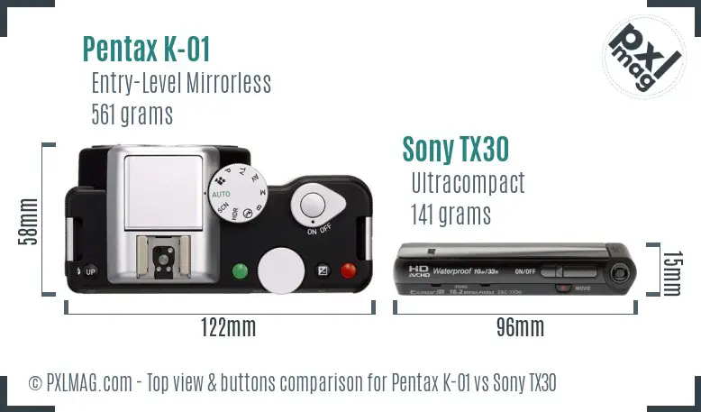 Pentax K-01 vs Sony TX30 top view buttons comparison Pentax K-01 vs Sony TX30 top view buttons comparison