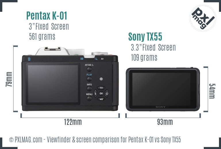 Pentax K-01 vs Sony TX55 Screen and Viewfinder comparison
