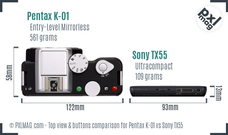 Pentax K-01 vs Sony TX55 top view buttons comparison