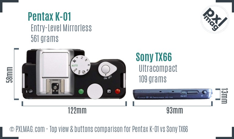 Pentax K-01 vs Sony TX66 top view buttons comparison