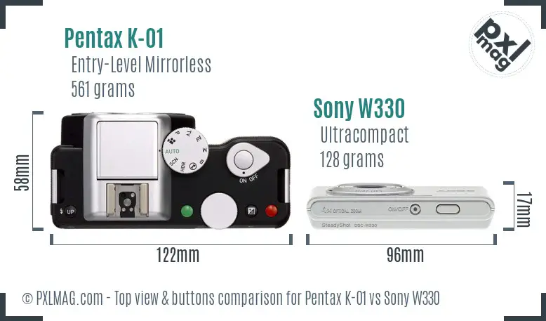 Pentax K-01 vs Sony W330 top view buttons comparison Pentax K-01 vs Sony W330 top view buttons comparison