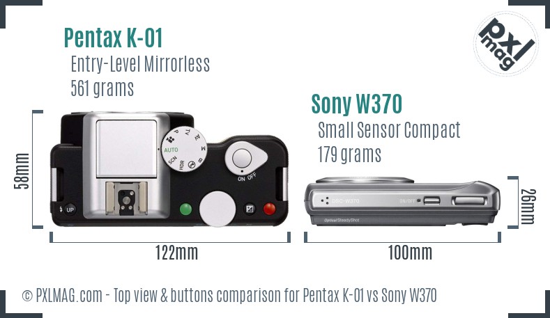 Pentax K-01 vs Sony W370 top view buttons comparison
