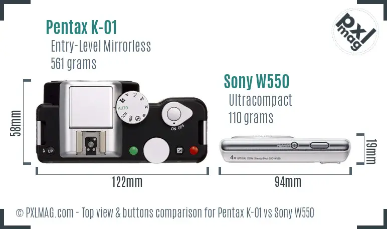 Pentax K-01 vs Sony W550 top view buttons comparison Pentax K-01 vs Sony W550 top view buttons comparison