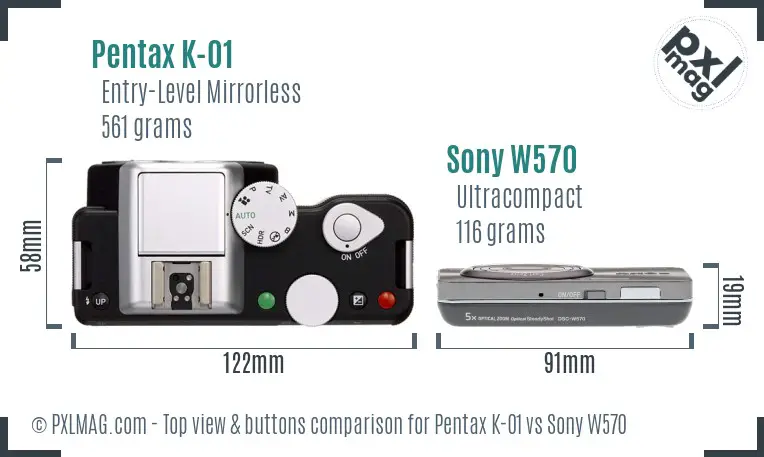 Pentax K-01 vs Sony W570 top view buttons comparison