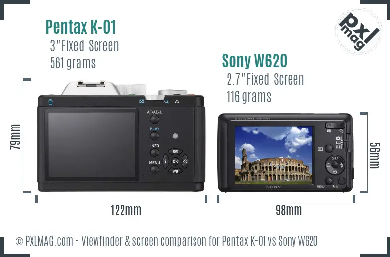 Pentax K-01 vs Sony W620 Screen and Viewfinder comparison