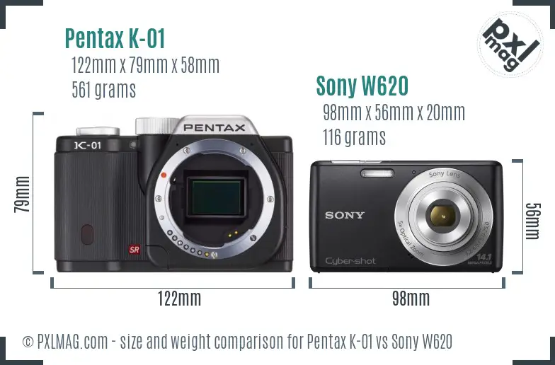 Pentax K-01 vs Sony W620 size comparison