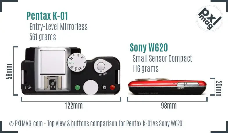 Pentax K-01 vs Sony W620 top view buttons comparison