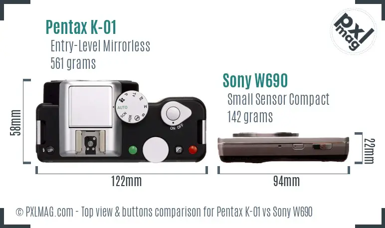 Pentax K-01 vs Sony W690 top view buttons comparison