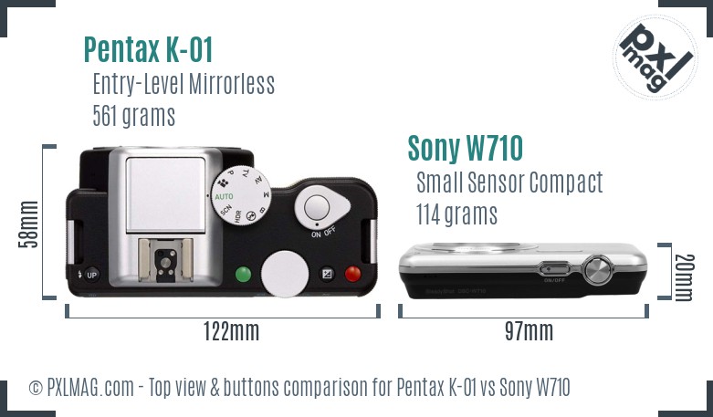 Pentax K-01 vs Sony W710 top view buttons comparison