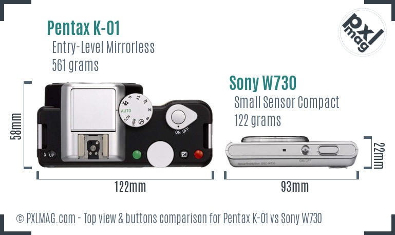 Pentax K-01 vs Sony W730 top view buttons comparison