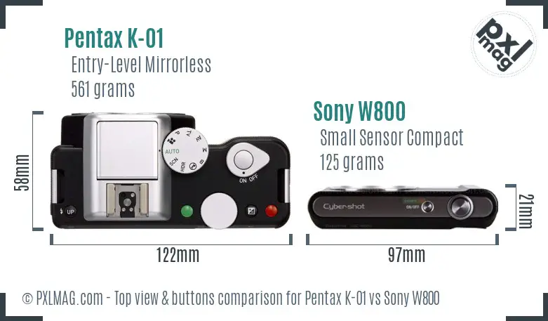 Pentax K-01 vs Sony W800 top view buttons comparison