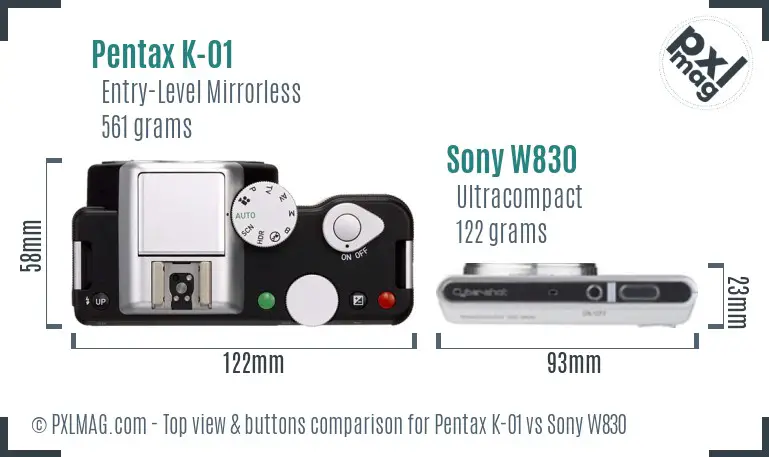 Pentax K-01 vs Sony W830 top view buttons comparison